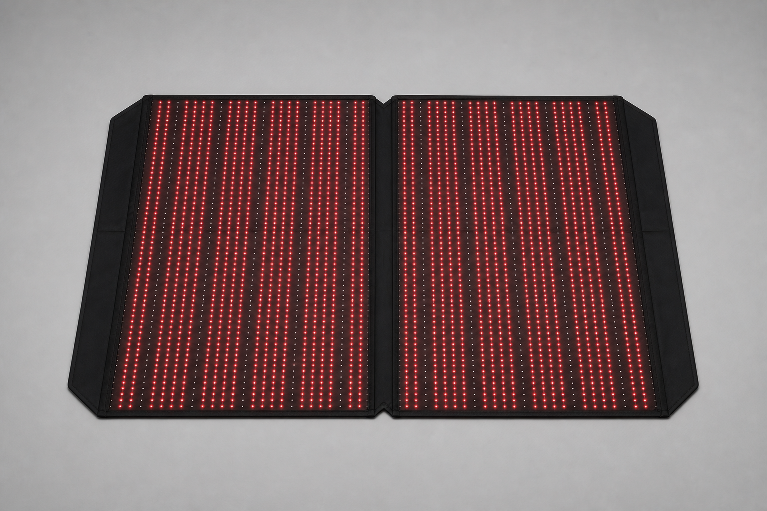 NiceBeam red light therapy bag opened flat with both illuminated panels visible