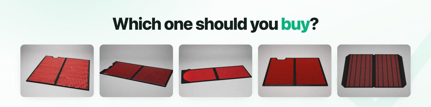 Five full-body red light therapy blanket and sleeping-bag formats arranged for comparison