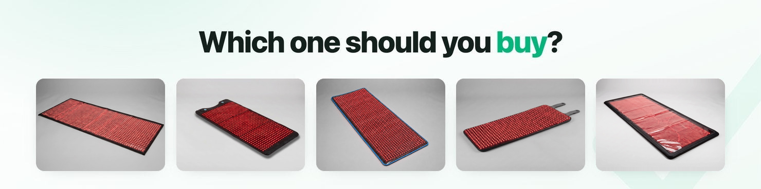 Five dedicated red light therapy mats from Luscent Red, HigherDOSE, BlockBlueLight, Swirise, and Nuvio