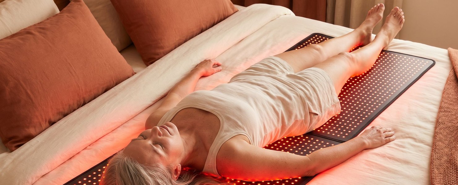 Woman lying full length on the glowing Luscent red and infrared light therapy LED mat on a bed