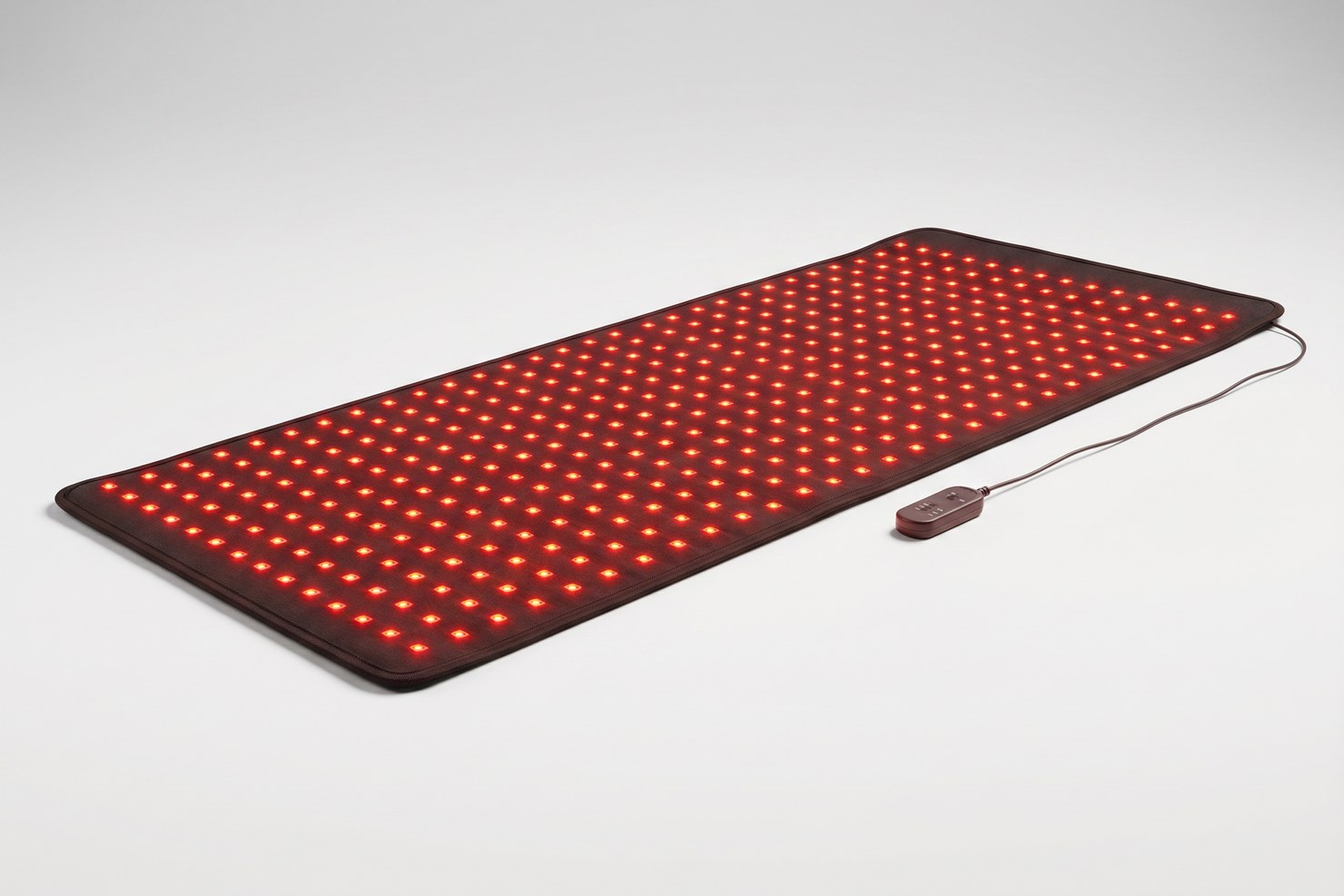 The full Nuvio red light therapy mat laid flat with every LED glowing