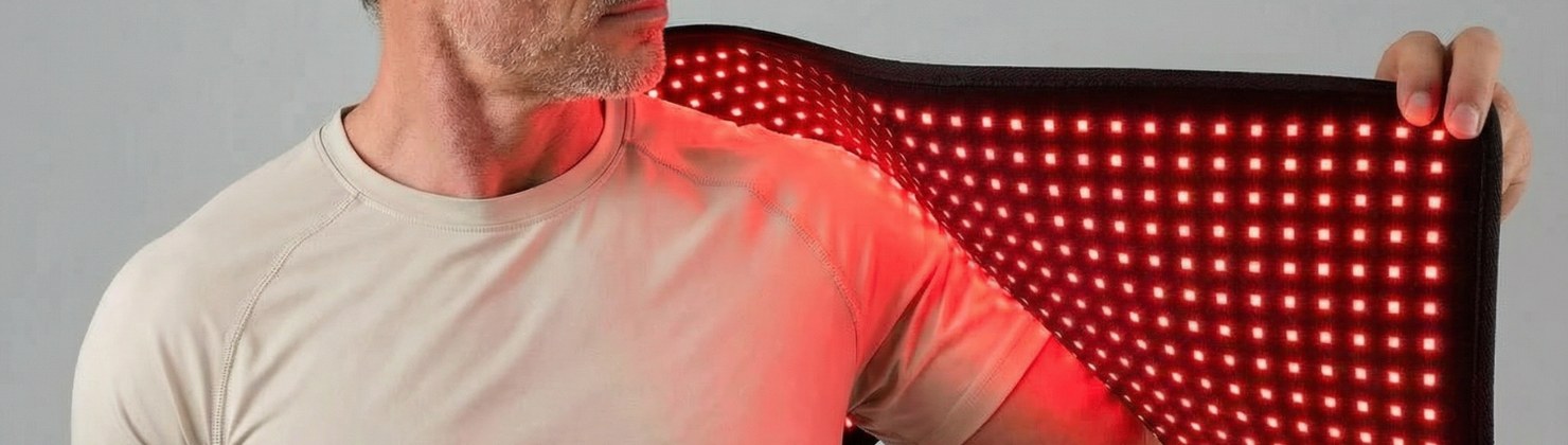 NiceBeam LED light therapy pad draped over a man's shoulder