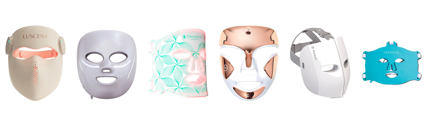 Six red light therapy face masks compared on a white background